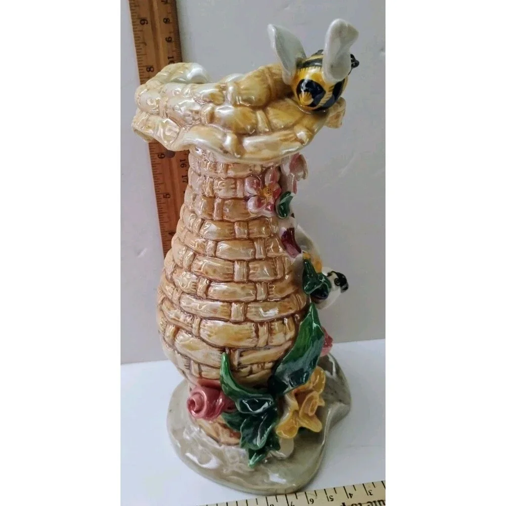 Vintage A.F.D. 2003 Majolica Ceramic Bees Flowers Vase Beehive Lusterware